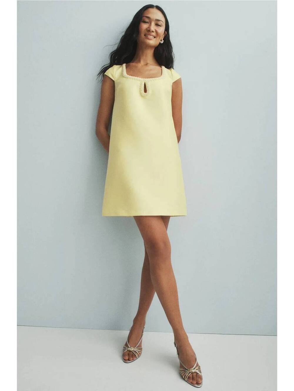 Badgley Mischka Beaded Scoop Dress sz 4 Yellow Cap Sleeve Trapeze Cocktail $590
